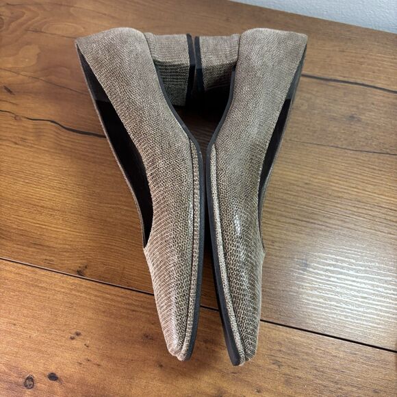 VTG Stuart Weitzman Pumps Sz 8 AA Extra Narrow Beige Gray Square Toe Chunky Heel - Picture 10 of 12